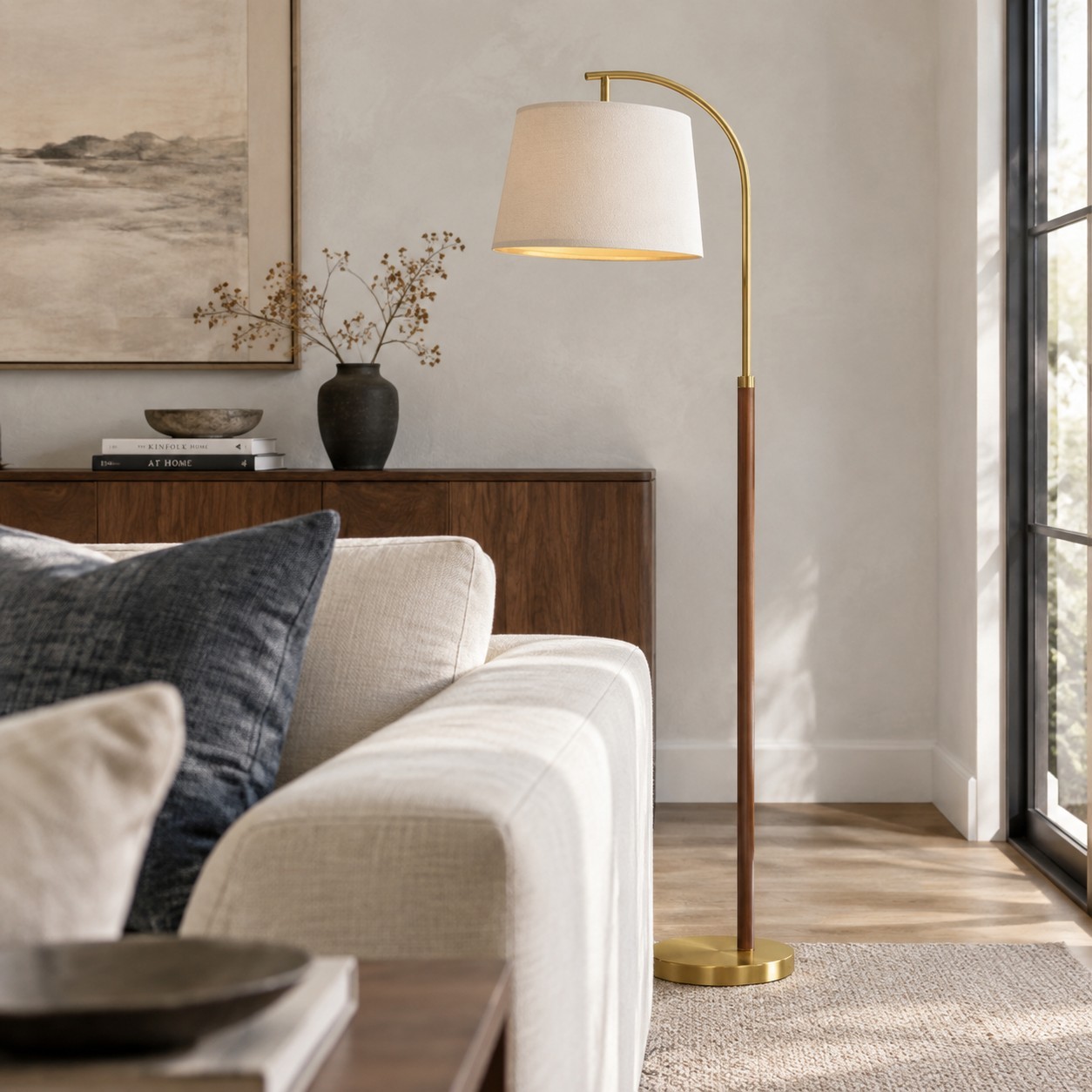 Zaden Vintage Gold Linen Shade Floor Lamp