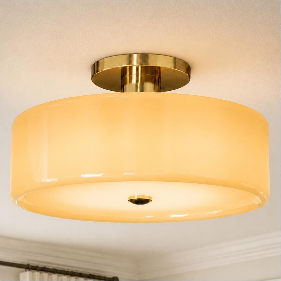 Idalie Mid-Century Modern Glass Drum Semi Flush Mount Ceiling Light