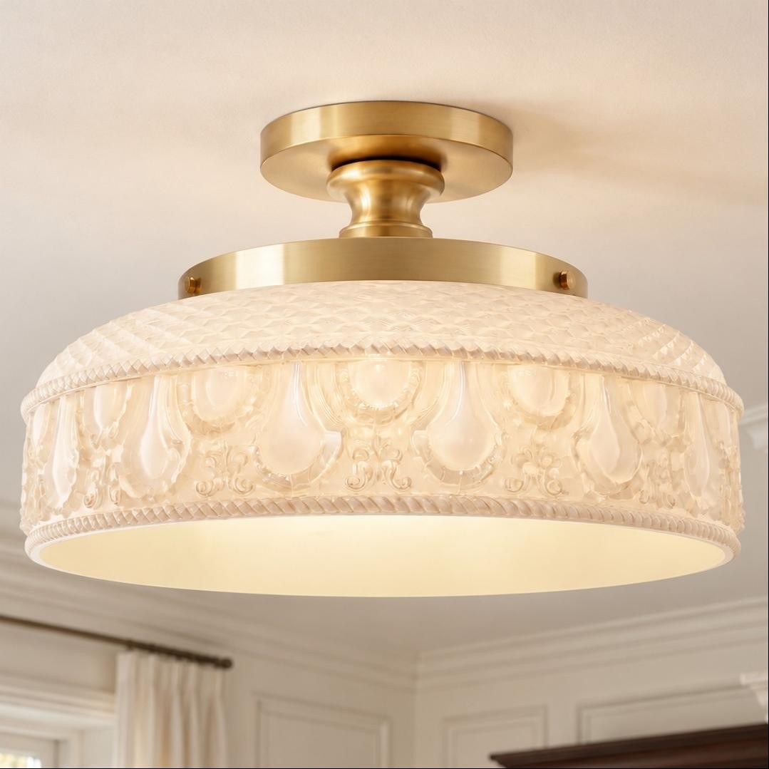 Santos Vintage Hand Carved Floral Clear Glass Semi Flush Mount Ceiling Light