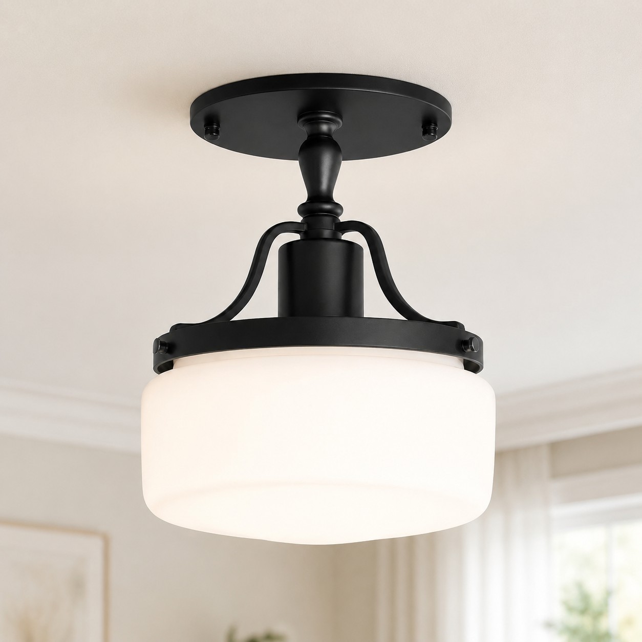 Atlas Vintage Milky Glass Semi Flush Mount Metal Ceiling Light