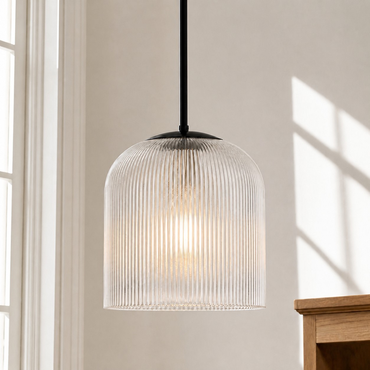 Alain Farmhouse Cooper Ribbed Glass Pendant Light