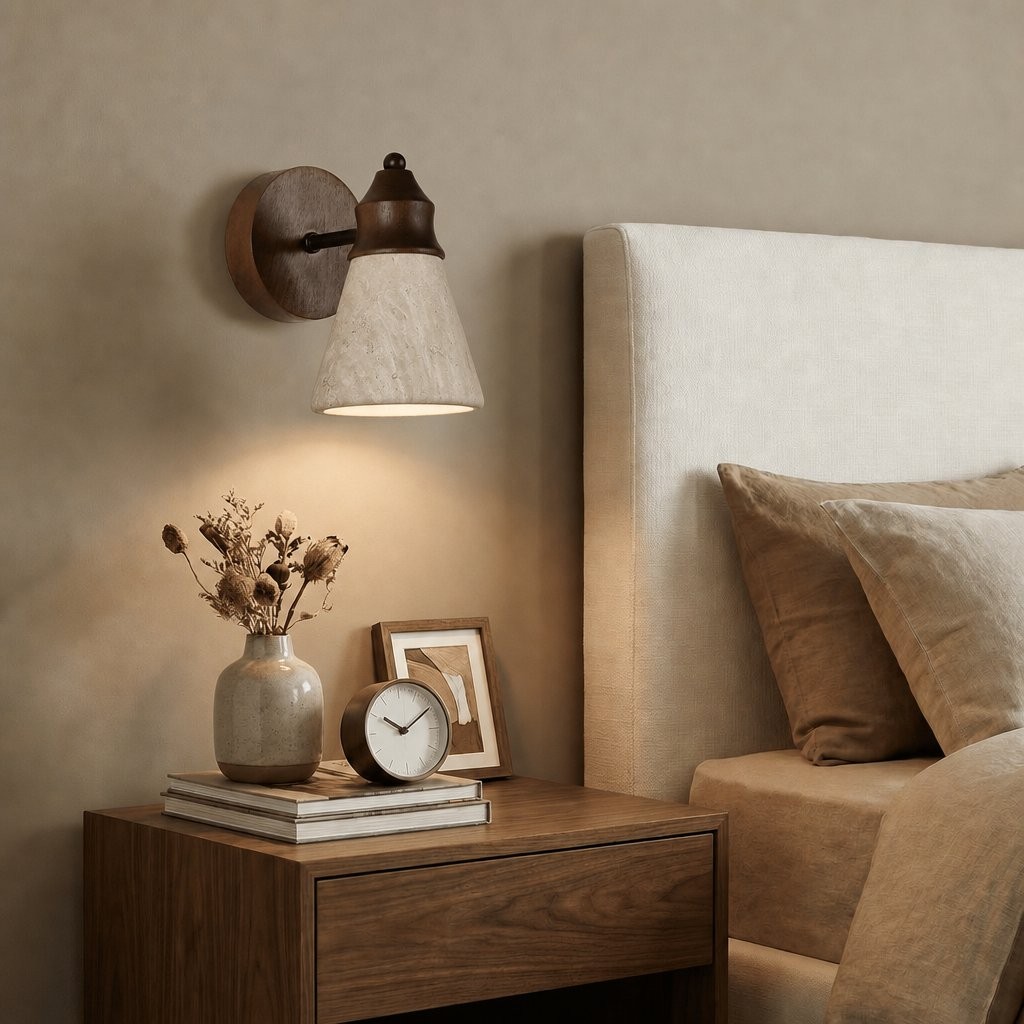 Jericho Wabi-Sabi Travertine Wood Tapered Wall Light