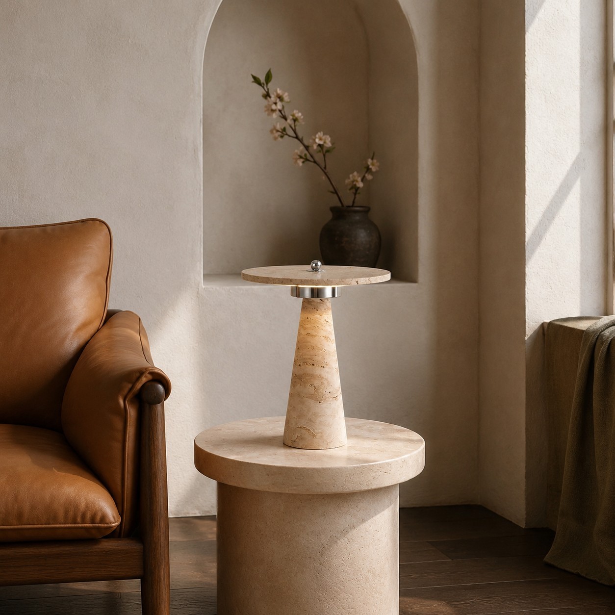 Aelwen Wabi Sabi LED Travertine Disc Table Lamp