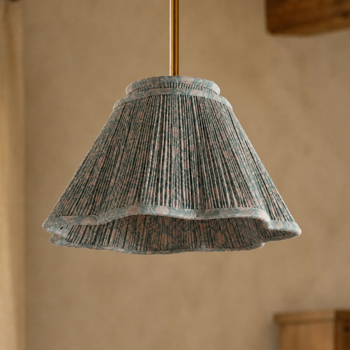 Nolan Farmhouse Vintage Floral Pleated Fabric Cone Pendant Light
