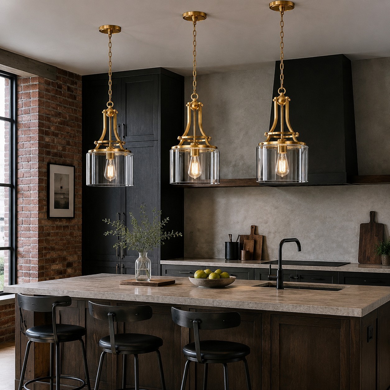 Trevor Vintage Clear Cylinder Glass Brass Chain Pendant Light