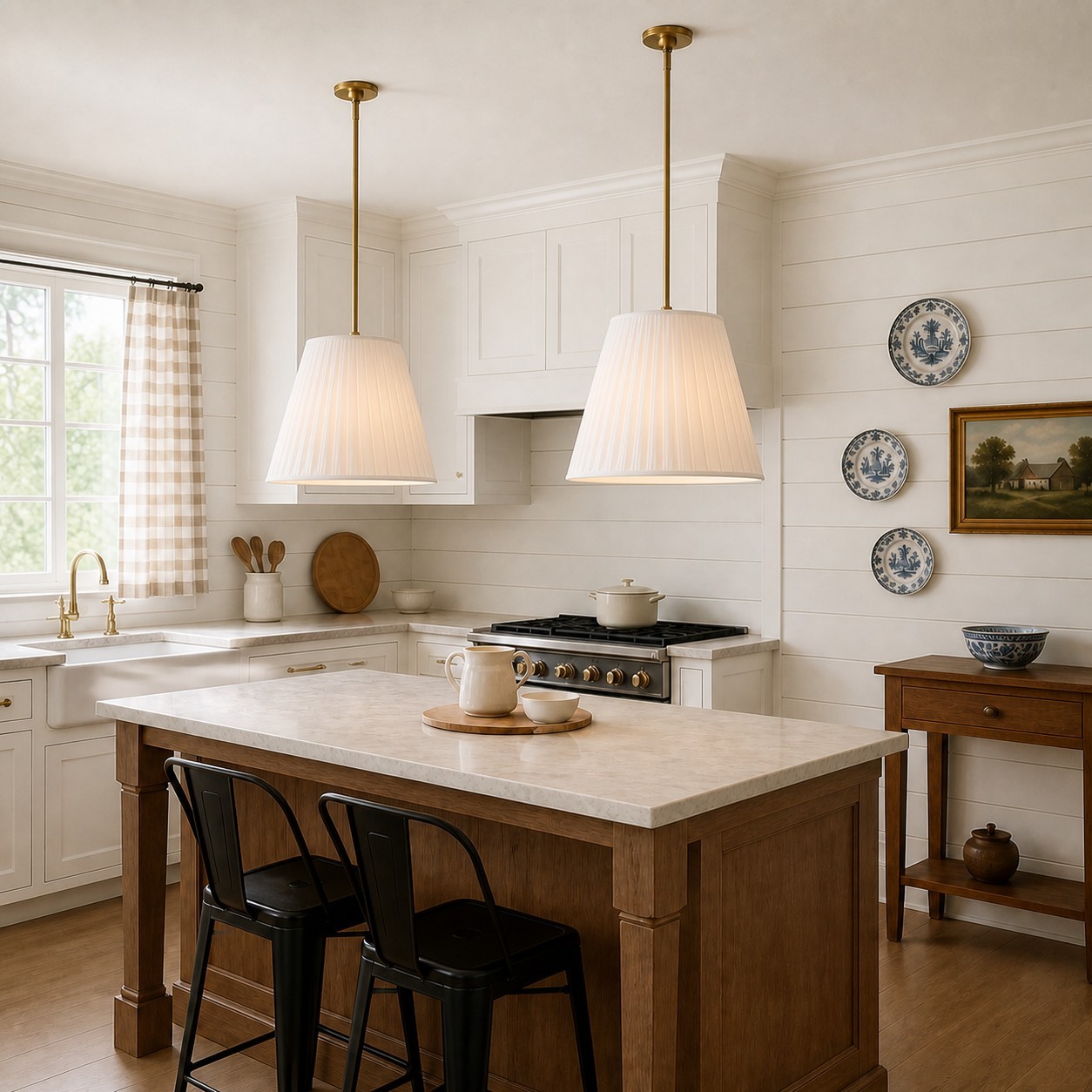 Naomi Modern White Pleated Fabric Brass Pendant Light