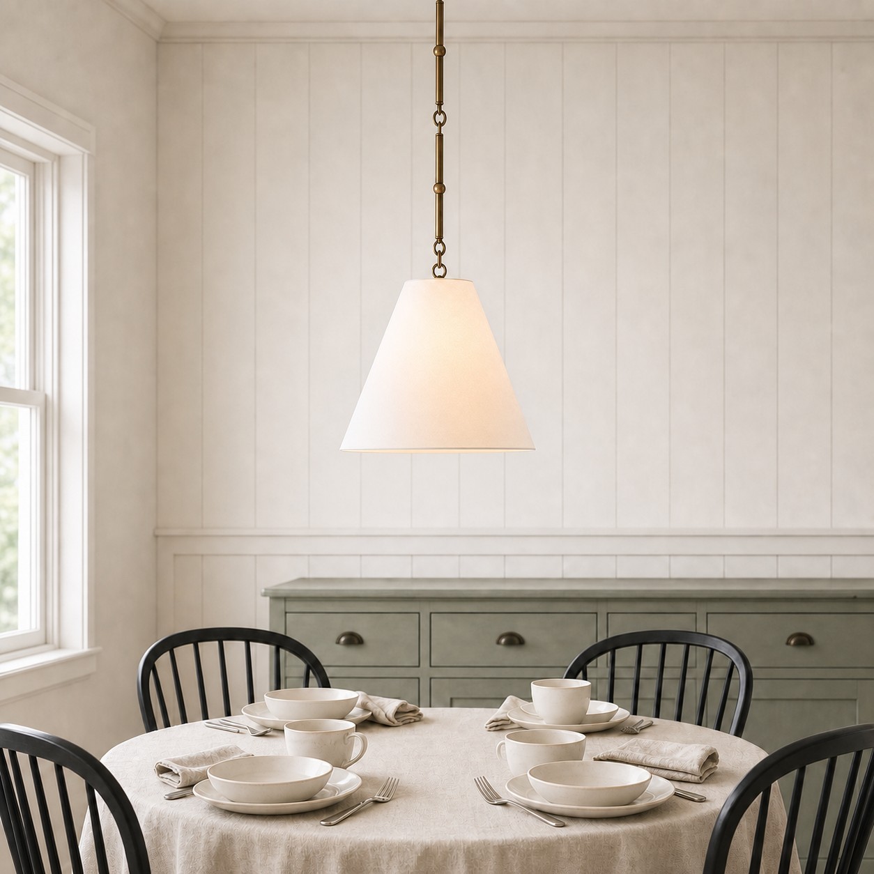 Felix Antique Brass-Finish White Fabric Cone Pendant Light