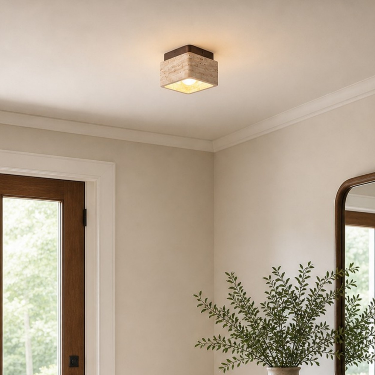 Stella Wabi Sabi Square Travertine Wood Mount Ceiling Light