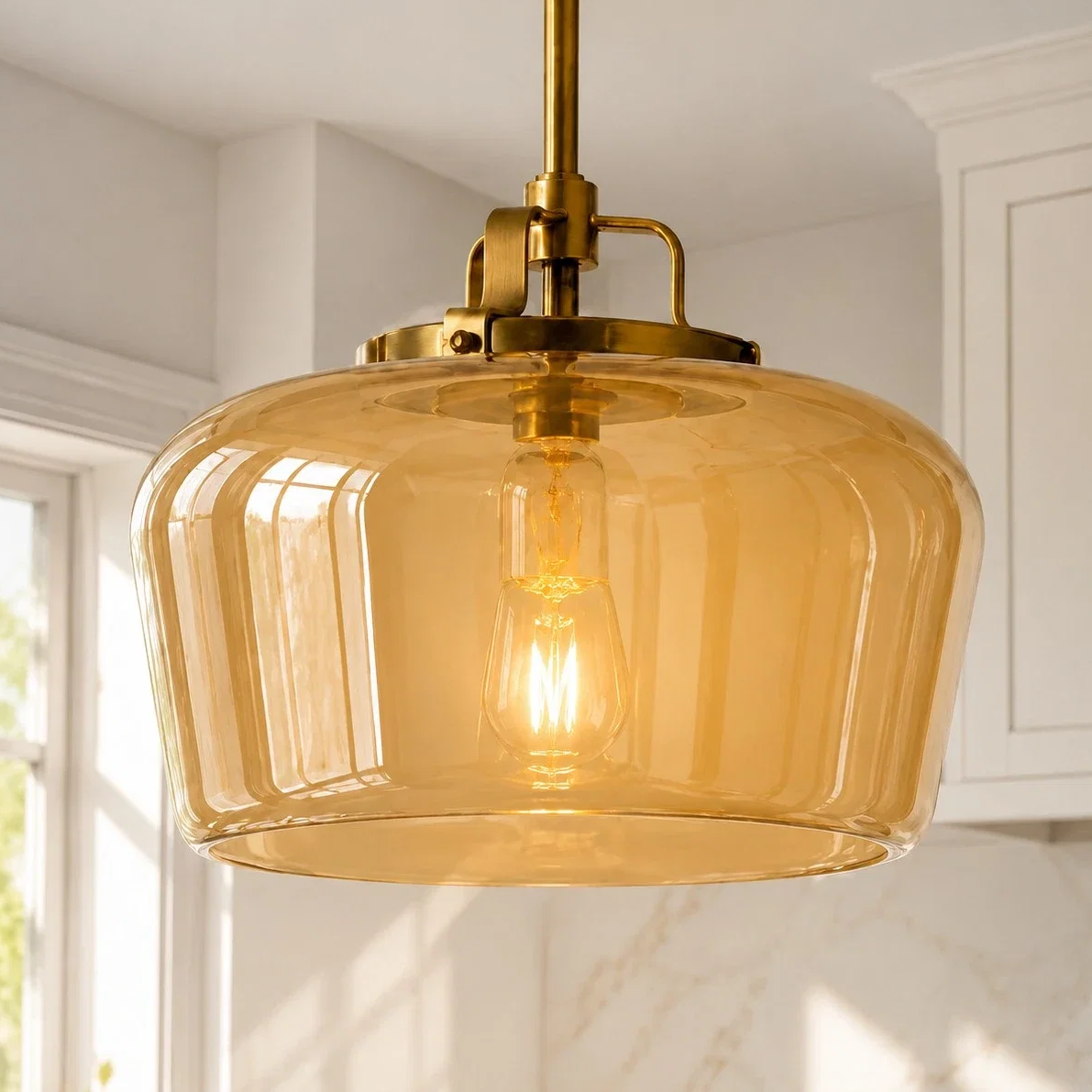 Nathaniel Vintage Brass Rounded Bowl Glass Shade Pendant Light