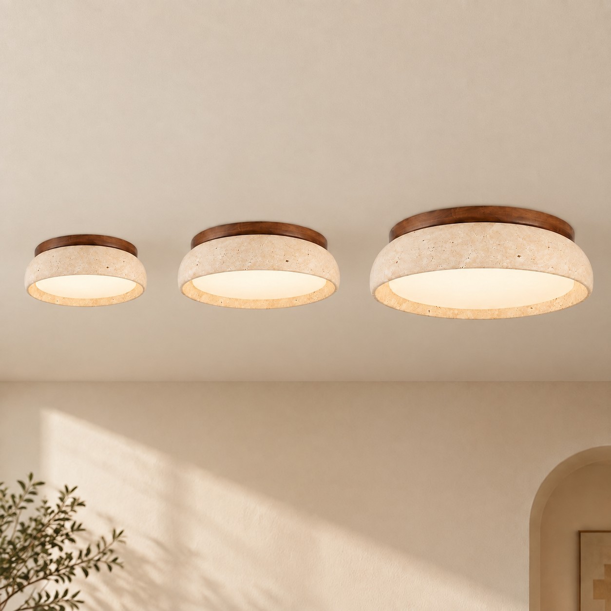 Archie Faux Travertine Round LED Flush Mount Ceiling Light