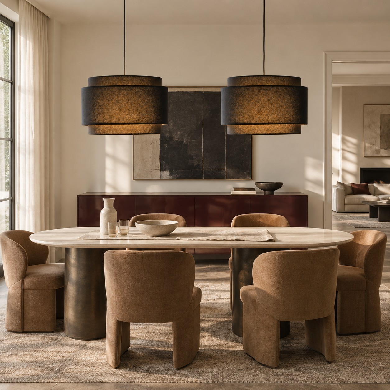 Virelai Modern Linen Double Drum Pendant Light