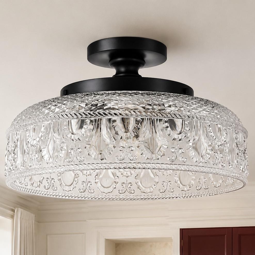 Santos Vintage Hand Carved Floral Clear Glass Semi Flush Mount Ceiling Light