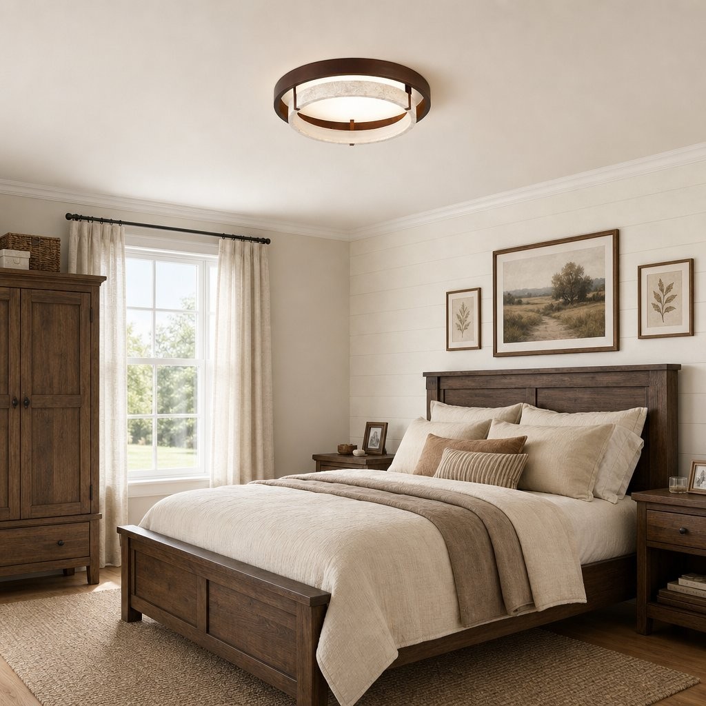 Jayce Organic Wood & Travertine Layered Round Ceiling Light