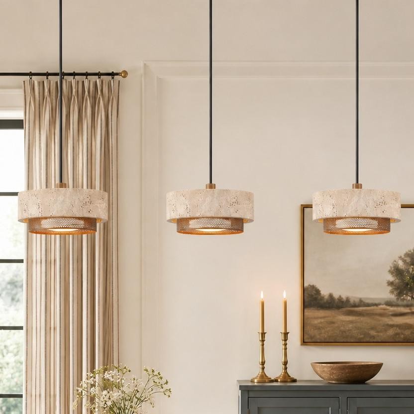 Calista Contemporary Travertine Metal Mesh Drum Pendant Light