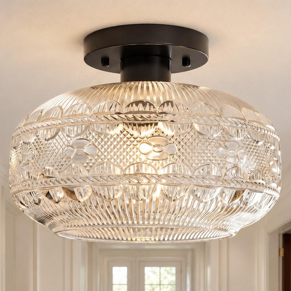 Santos Vintage Hand Carved Floral Clear Glass Semi Flush Mount Ceiling Light