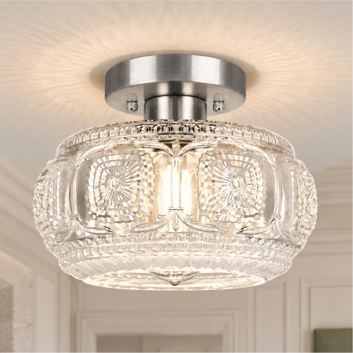 Ixionis Retro Carved Glass Semi Flush Ceiling Light