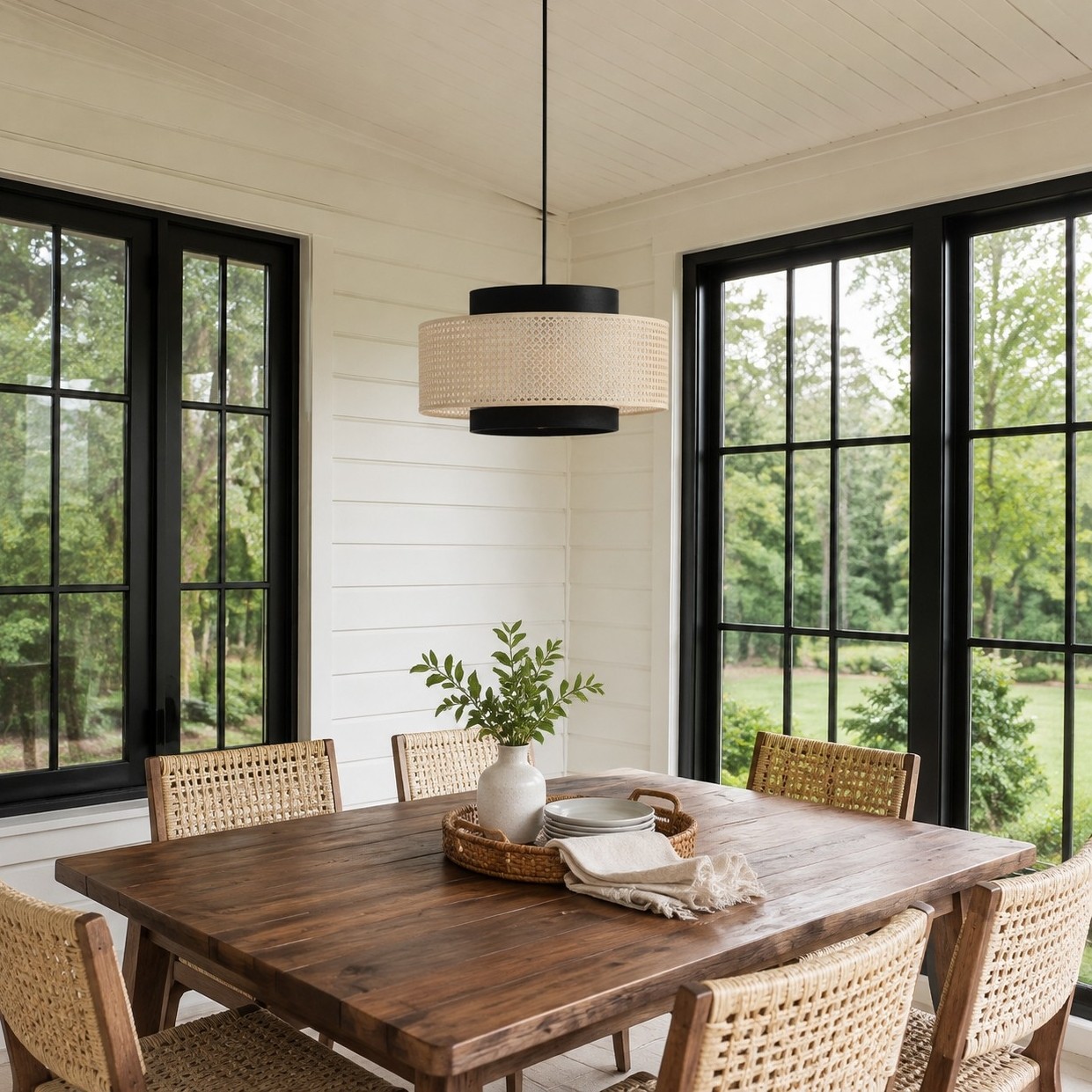 Nivara Rattan Linen Double Drum Pendant Light