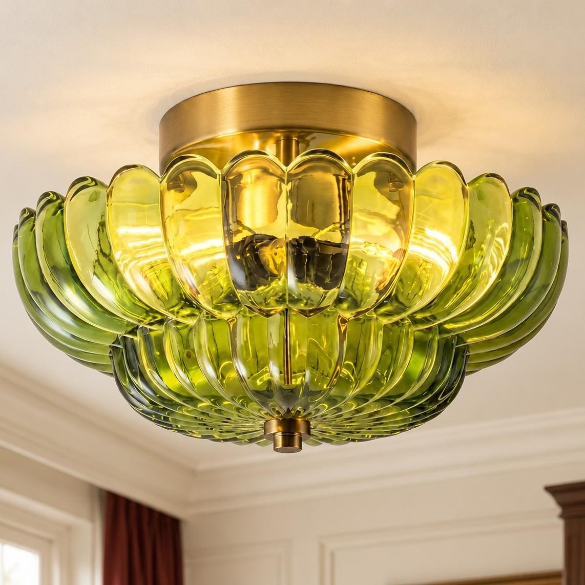 Raveena Vintage Amber Glass Semi Flush Mount Floral Ceiling Light