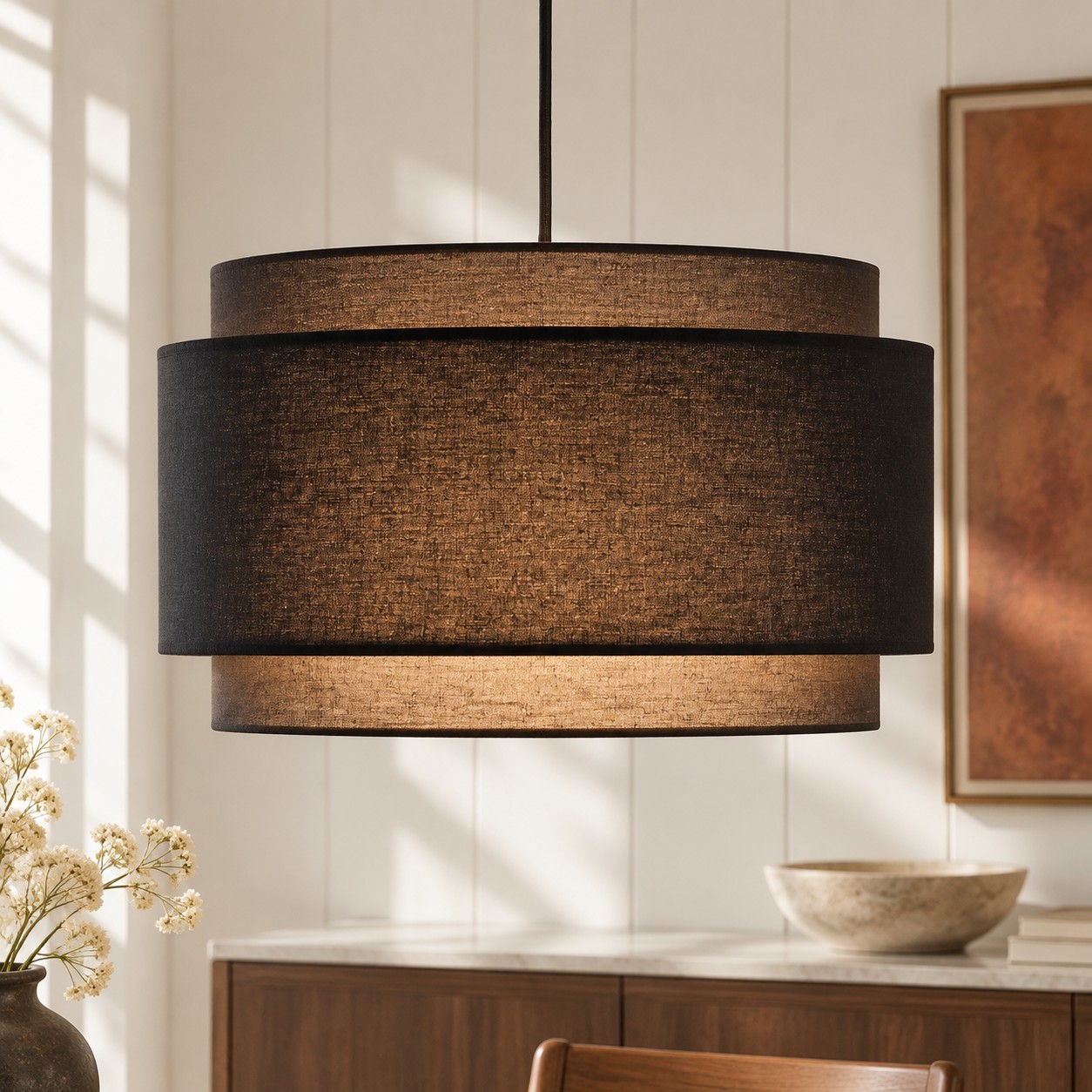 Virelai Modern Linen Double Drum Pendant Light