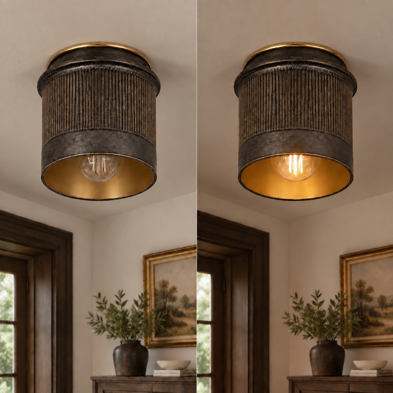 Damon Vintage Cylinder Fluted Metal Flush Mount Ceiling Light