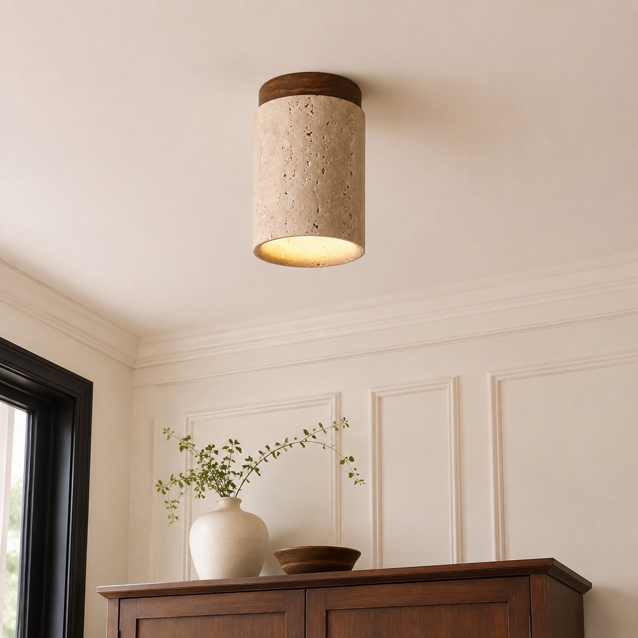 Hyrion Mini Wood And Stone Cylinder Travertine Ceiling Light