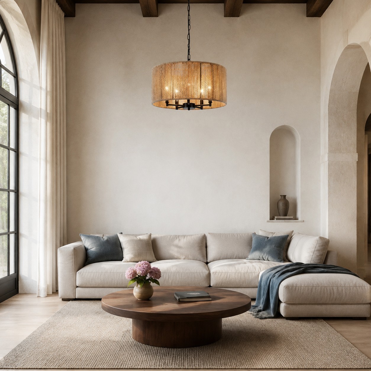 Haynes Rustic Rattan Dimmable Drum Pendant Light