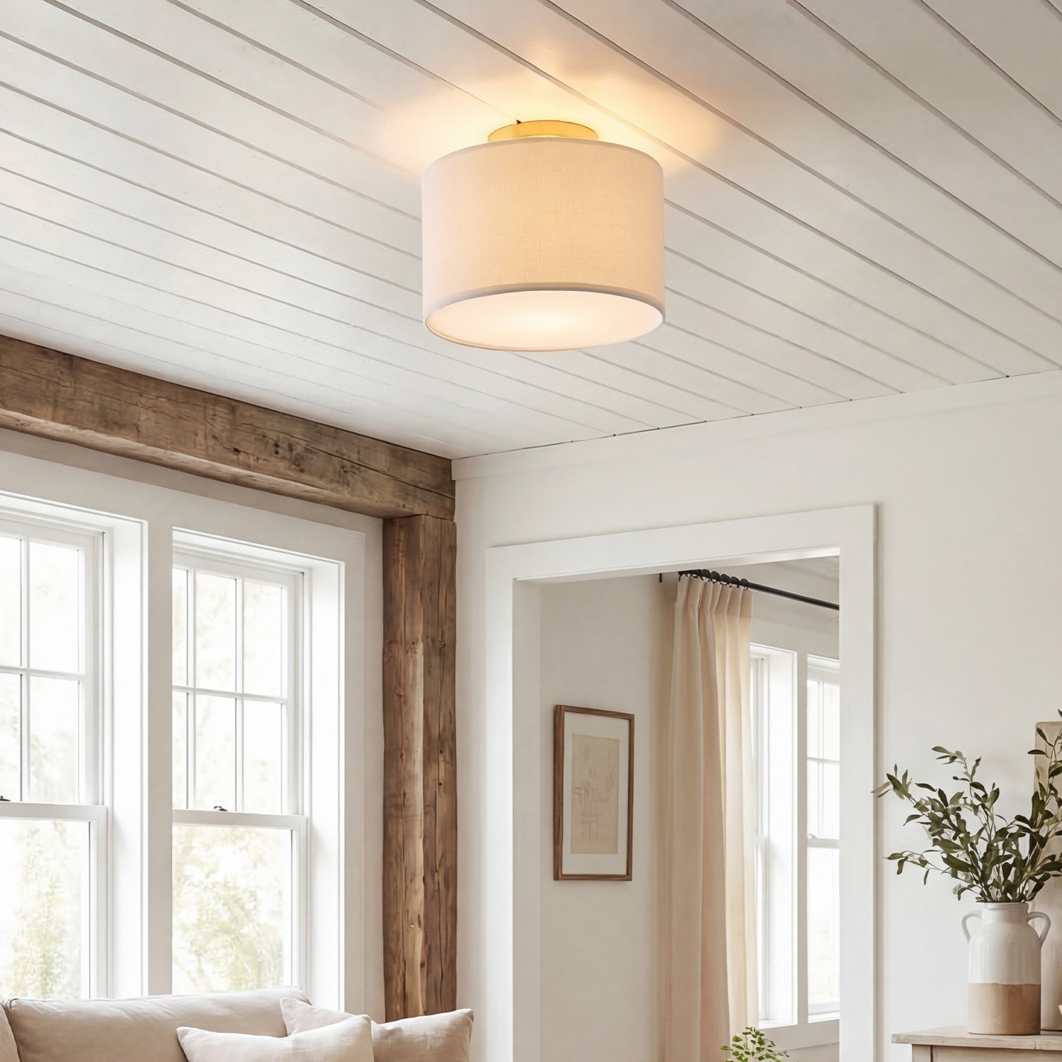 Joram White Linen Drum Ceiling Light