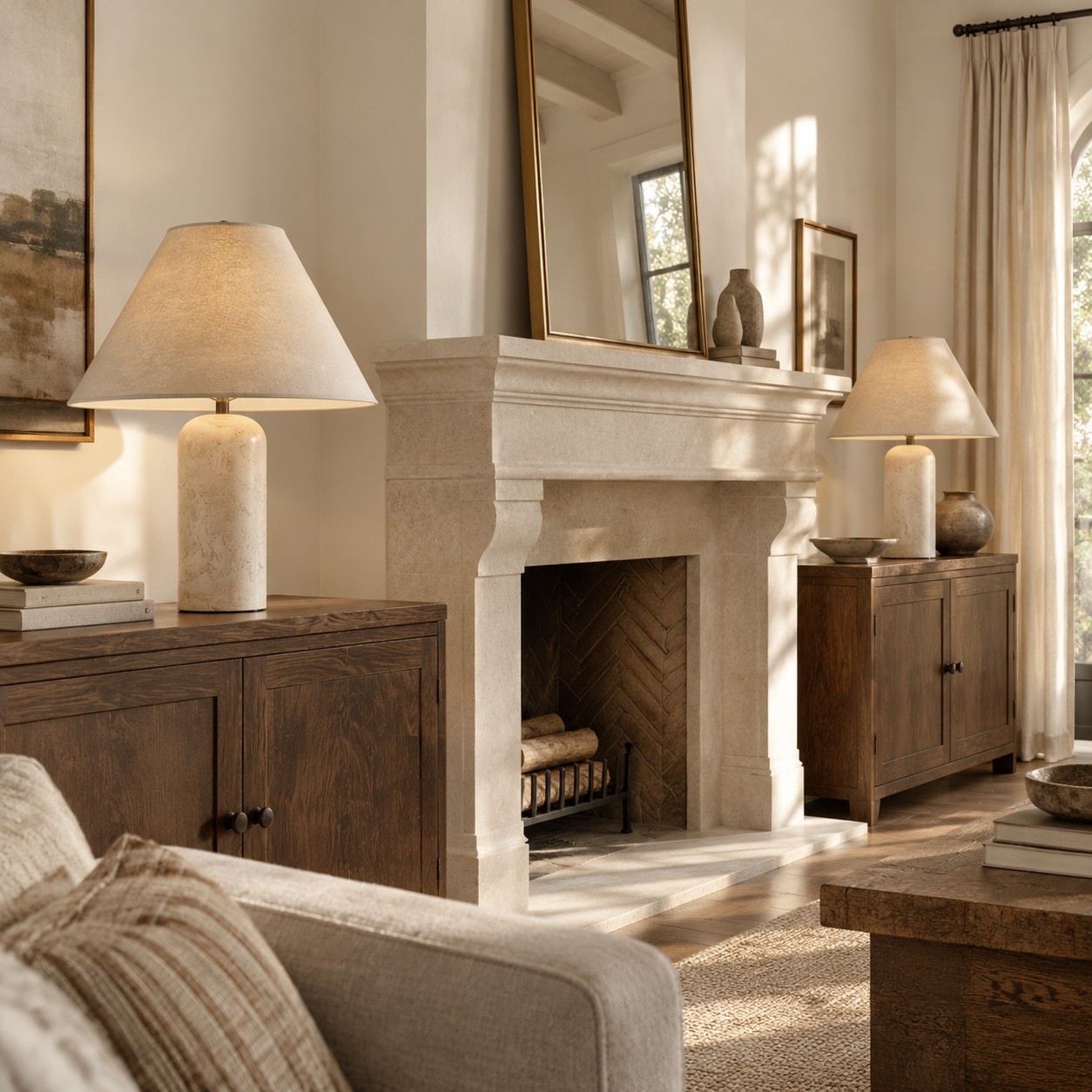 Hamlin Modern Linen & Travertine Cylindrical Table Lamp