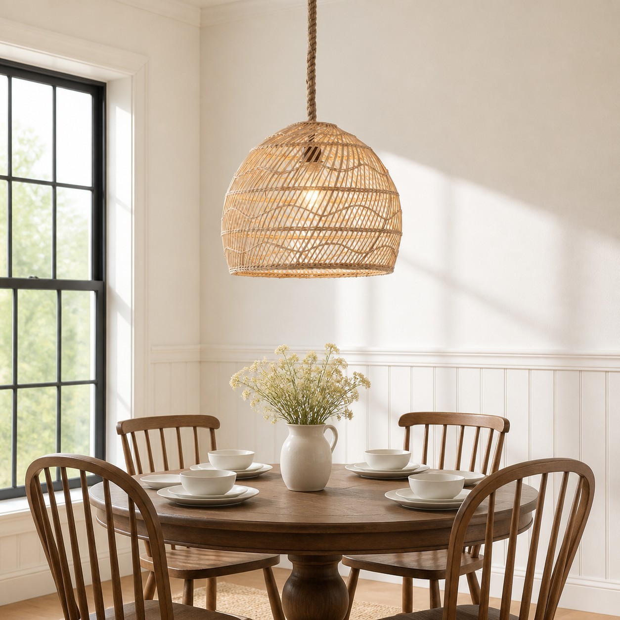 Laura Bohemian Style Bleached Rattan Pendant Light