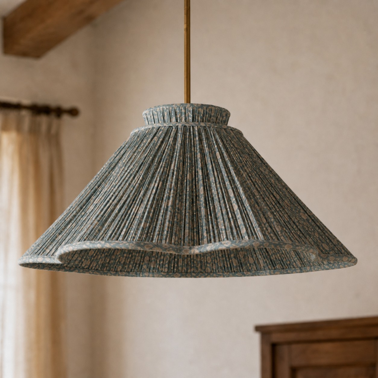 Nolan Farmhouse Vintage Floral Pleated Fabric Cone Pendant Light