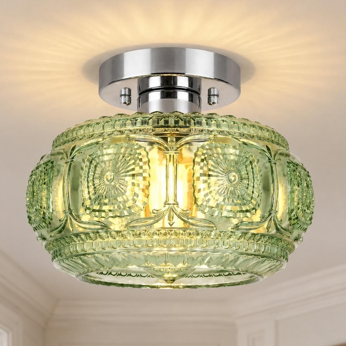 Ixionis Retro Carved Glass Semi Flush Ceiling Light