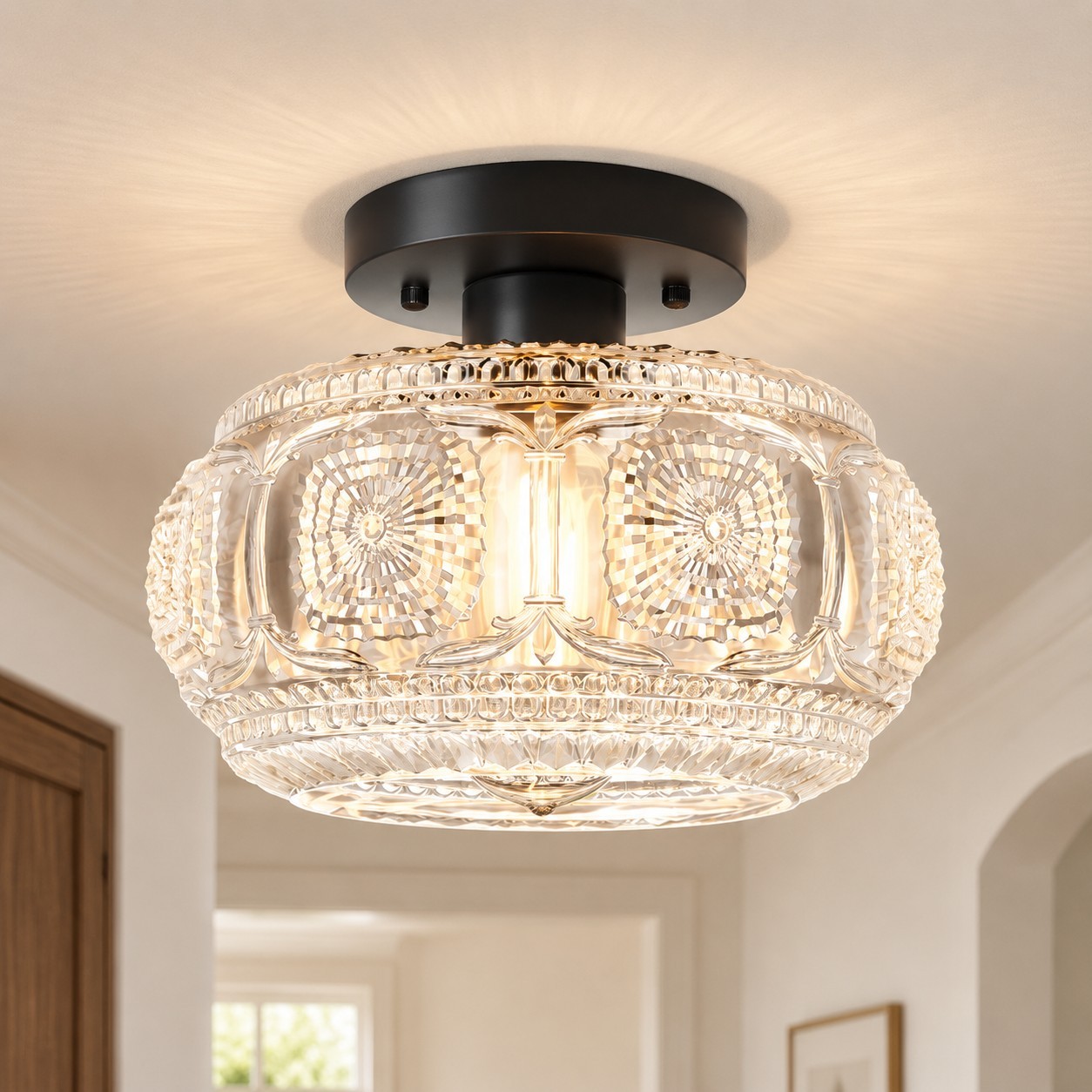Ixionis Retro Carved Glass Semi Flush Ceiling Light