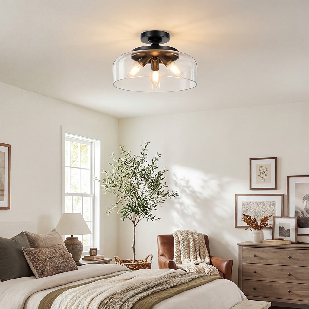 Santos Vintage Hand Carved Floral Clear Glass Semi Flush Mount Ceiling Light