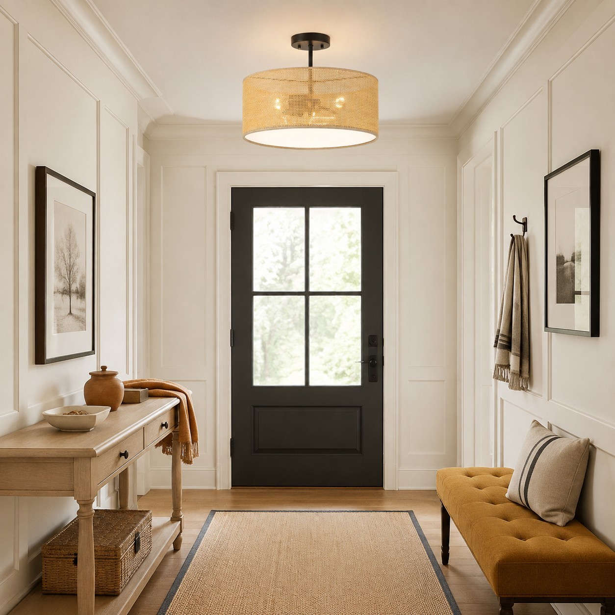 Zaylen Farmhouse Rattan Semi Flush Mount Ceiling Light