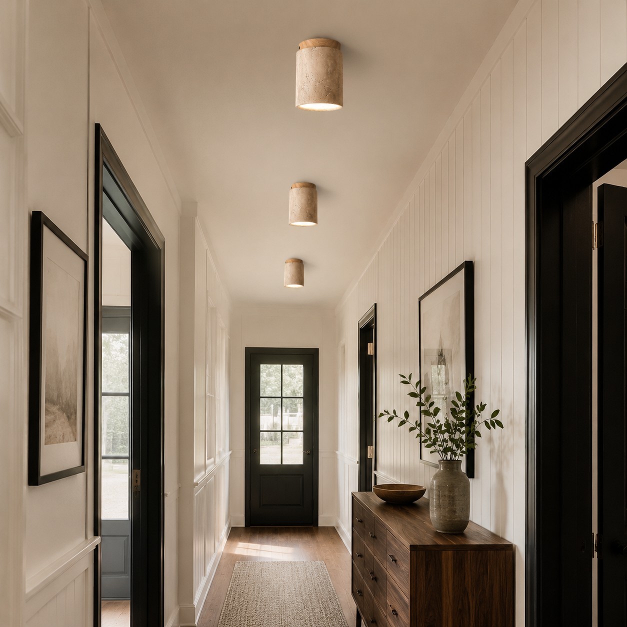 Hyrion Mini Wood And Stone Cylinder Travertine Ceiling Light