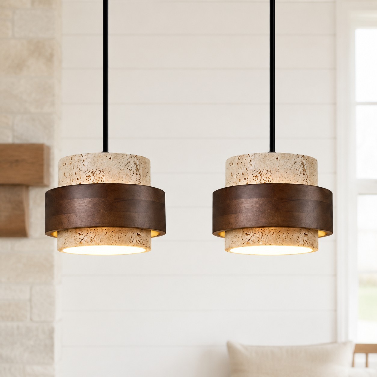 Timothy Wabi Sabi Cylindrical Travertine Pendant Light