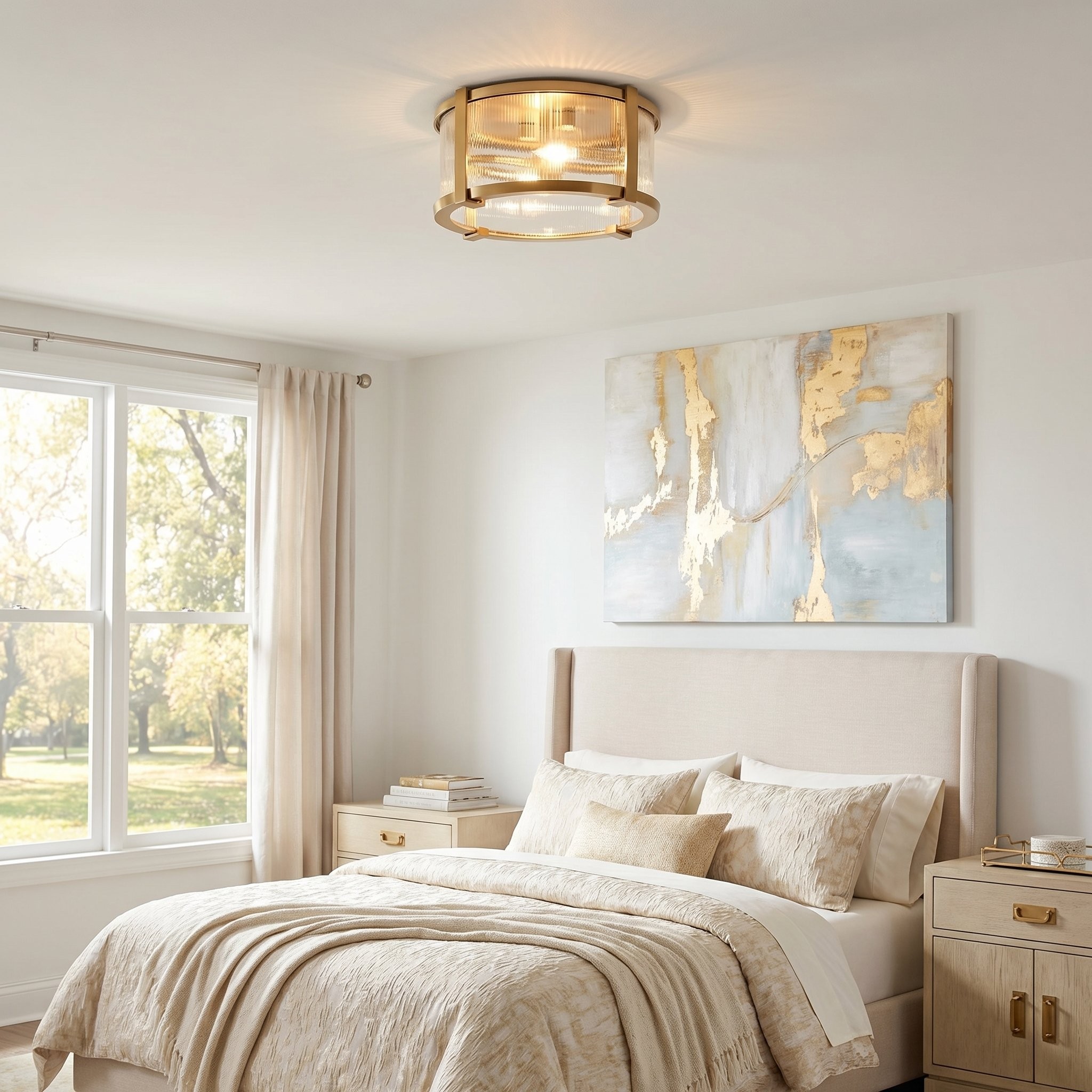Gillen Vintage Ribbed Glass Drum Flush Mount Ceiling Light