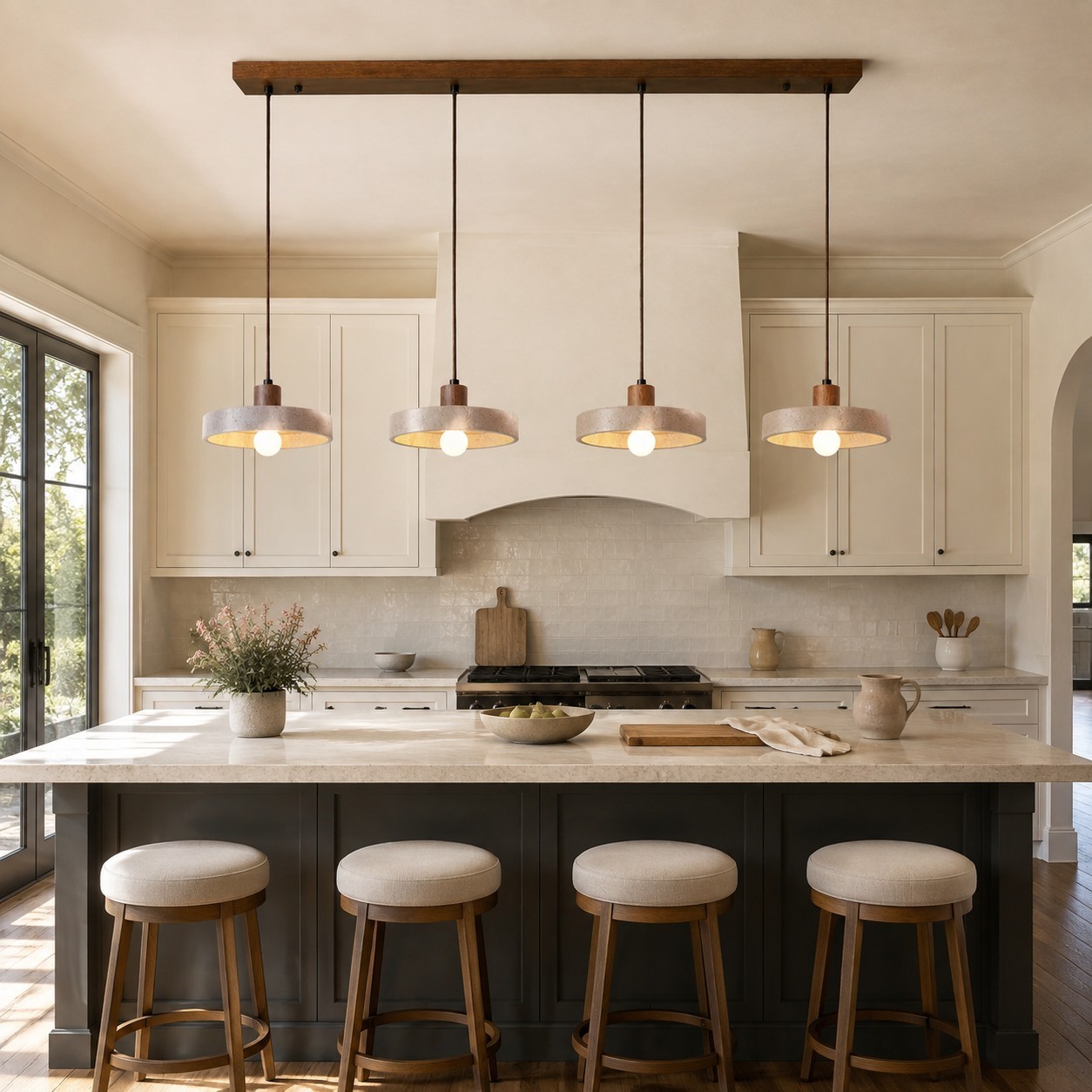 Harlow Wabi-Sabi Travertine & Wood Circular Pendant Light