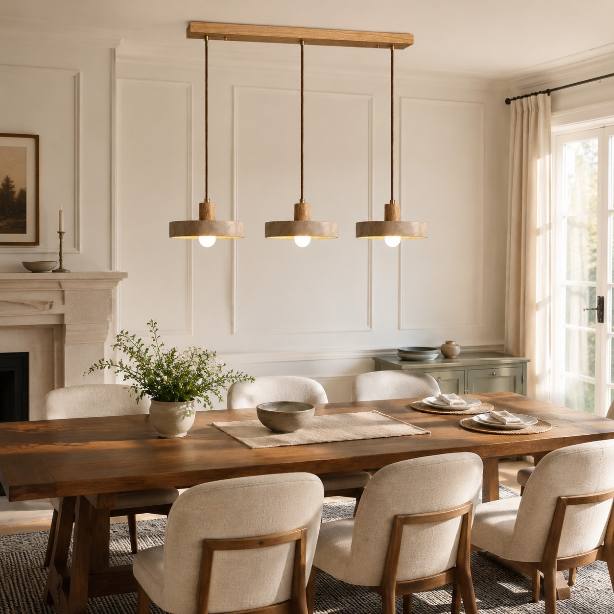 Harlow Wabi-Sabi Travertine & Wood Circular Pendant Light