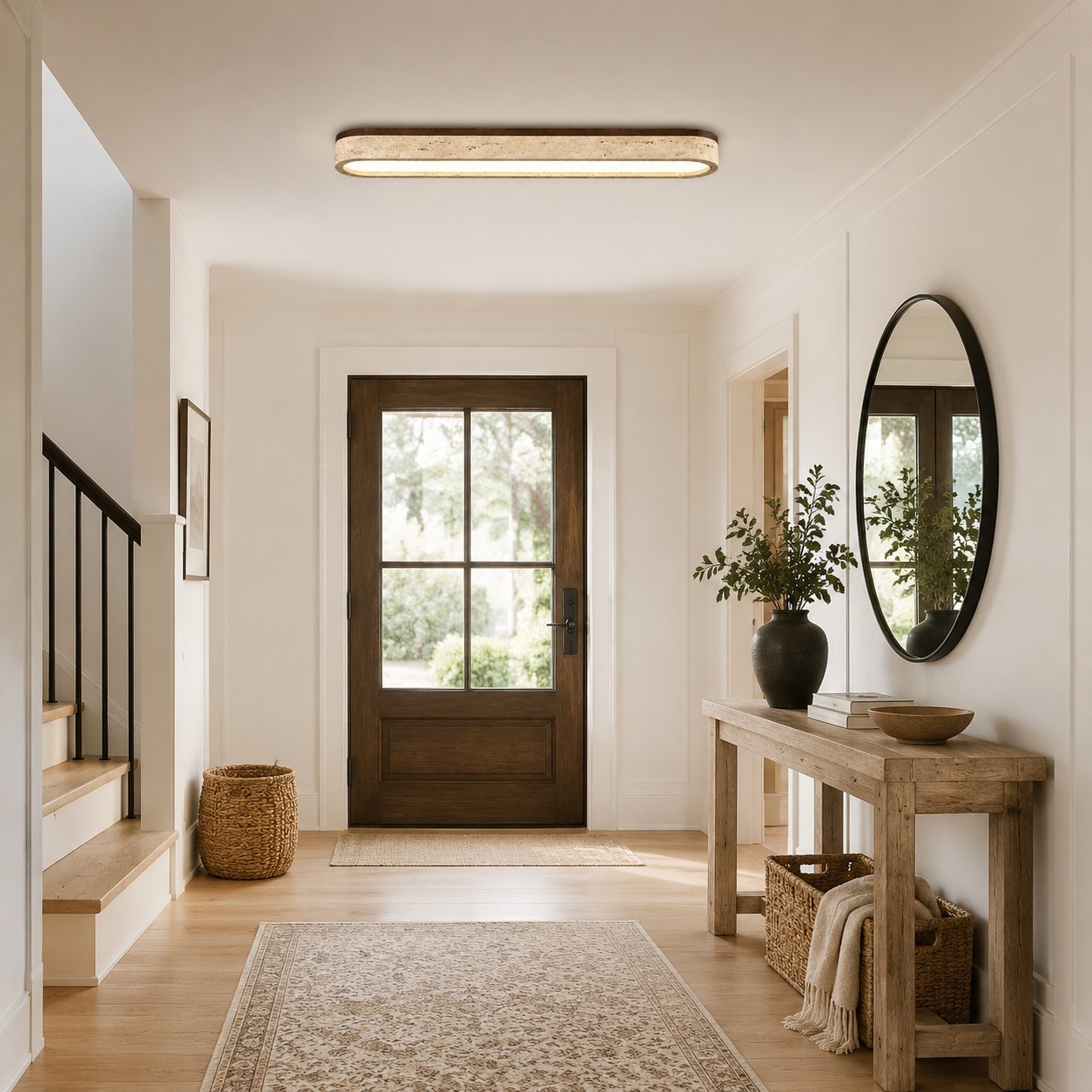 Samue Travertine Wood Linear LED Flush Mount Ceiling Light