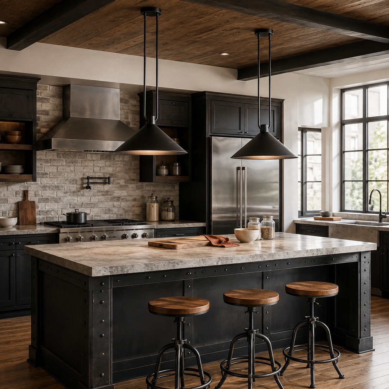 Serenoa Retro Double-Rod Metal Cone Pendant Light