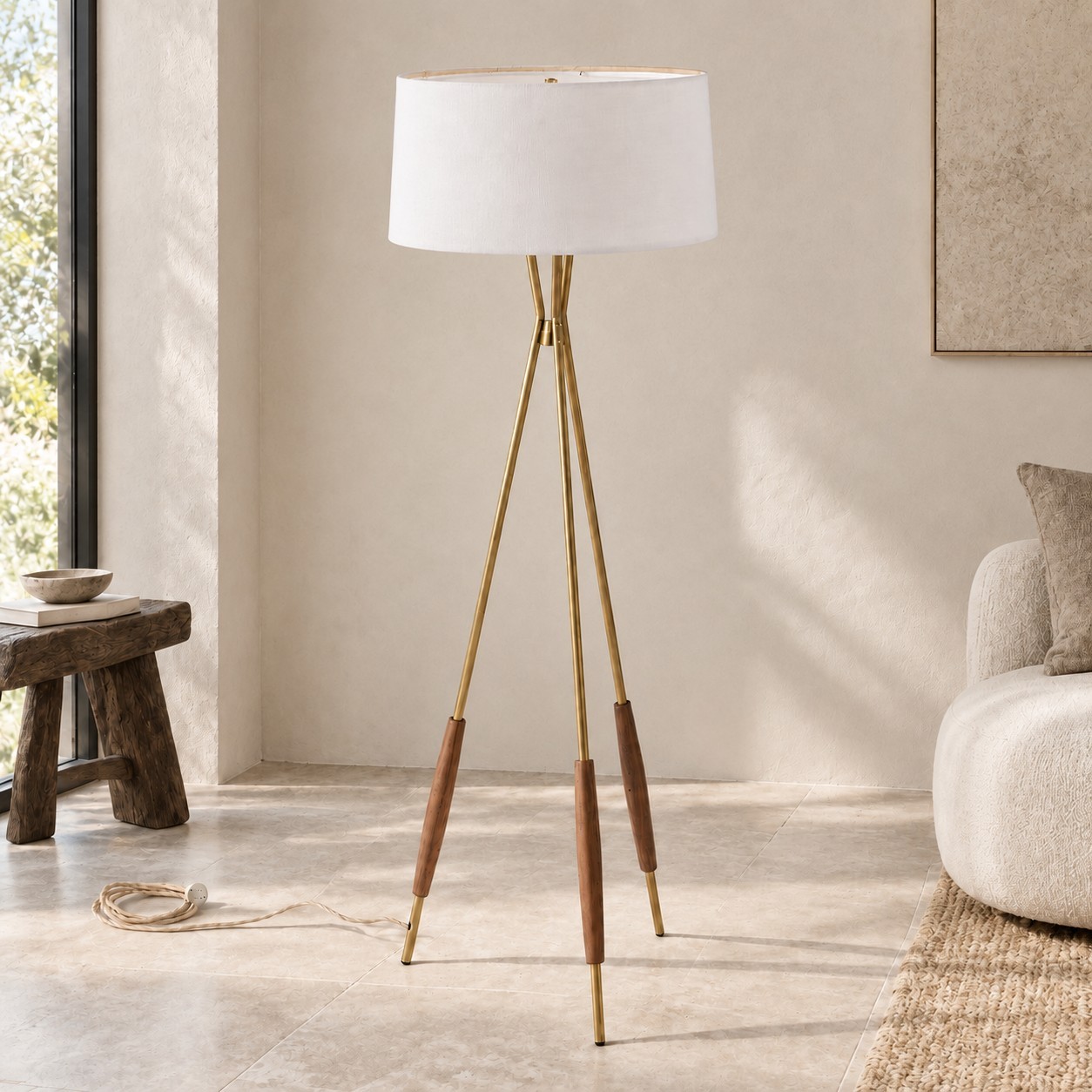 Kimaya Japanese Wabi Sabi Wood Tripod Floor Lamp