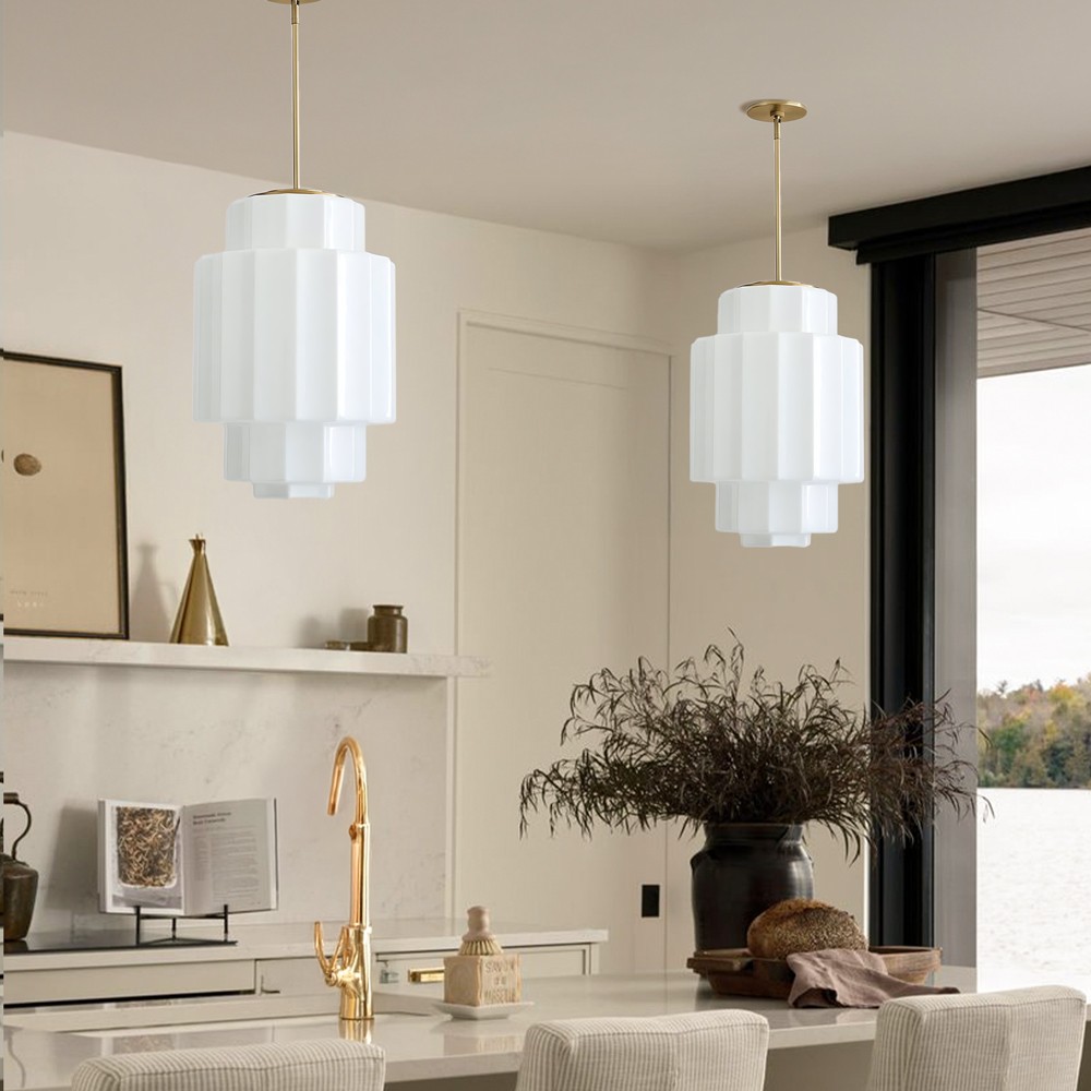 Winry Antique Brass Tiered Milk Glass Pendant Light