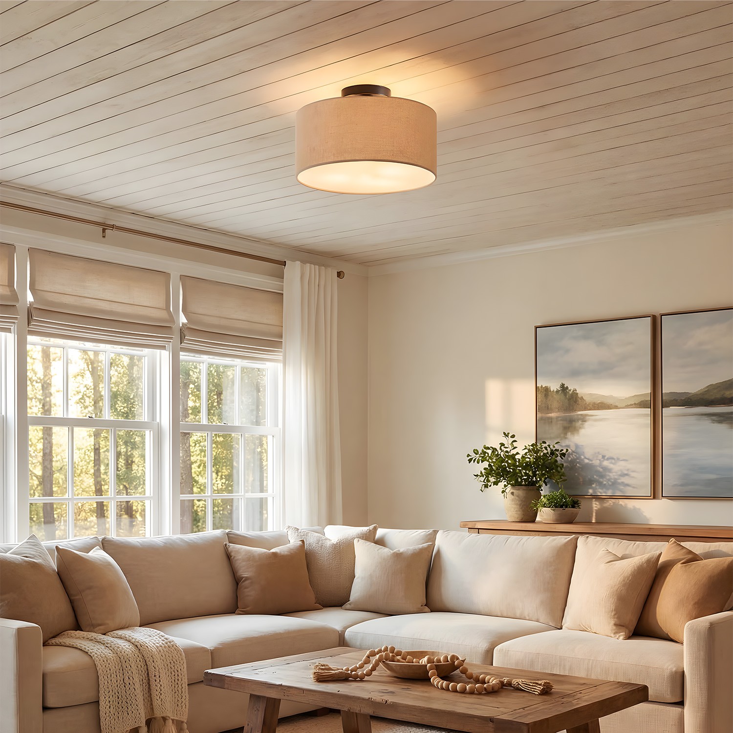 Joram White Linen Drum Ceiling Light