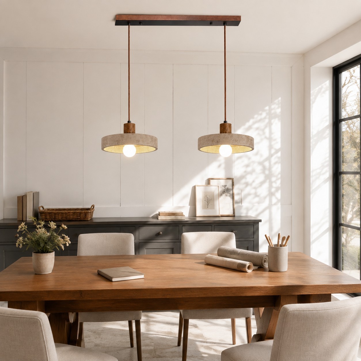 Harlow Wabi-Sabi Travertine & Wood Circular Pendant Light