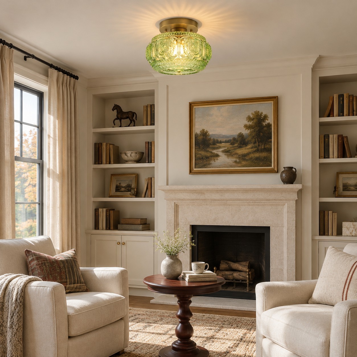 Ixionis Retro Carved Glass Semi Flush Ceiling Light