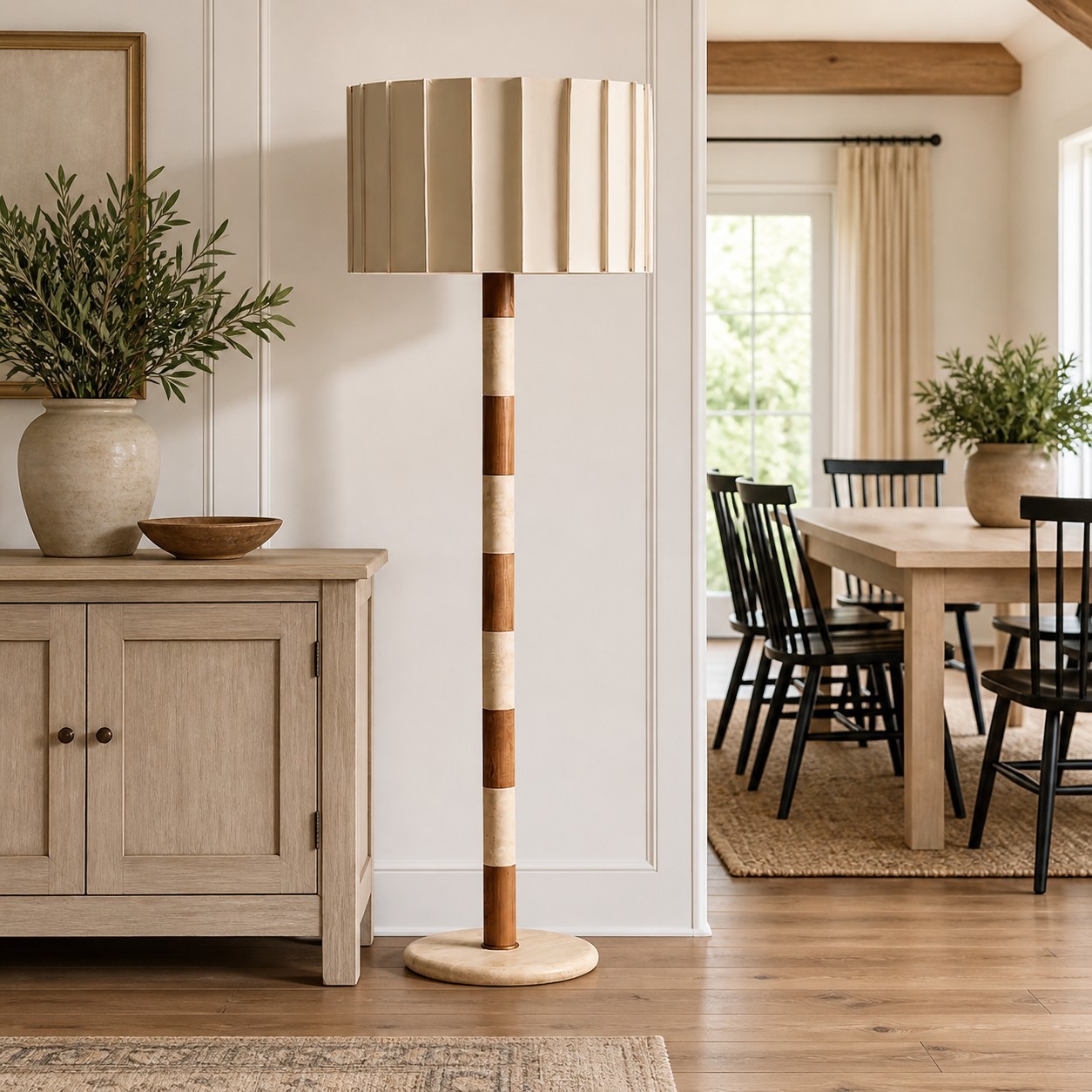 Owen Modern Pleated Fabric Striped Travertine Floor Lamp