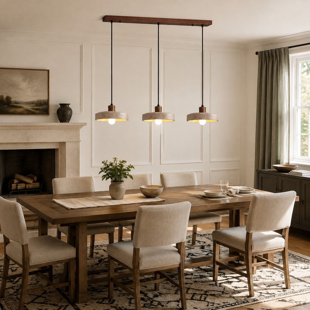 Harlow Wabi-Sabi Travertine & Wood Circular Pendant Light