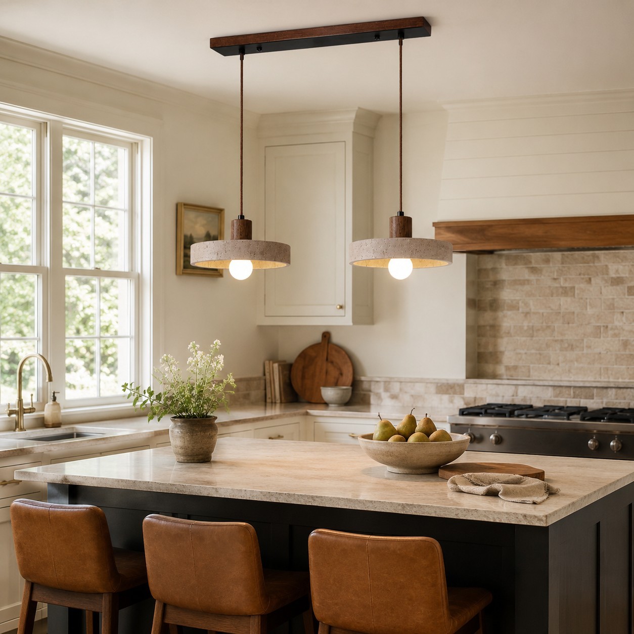 Harlow Wabi-Sabi Travertine & Wood Circular Pendant Light