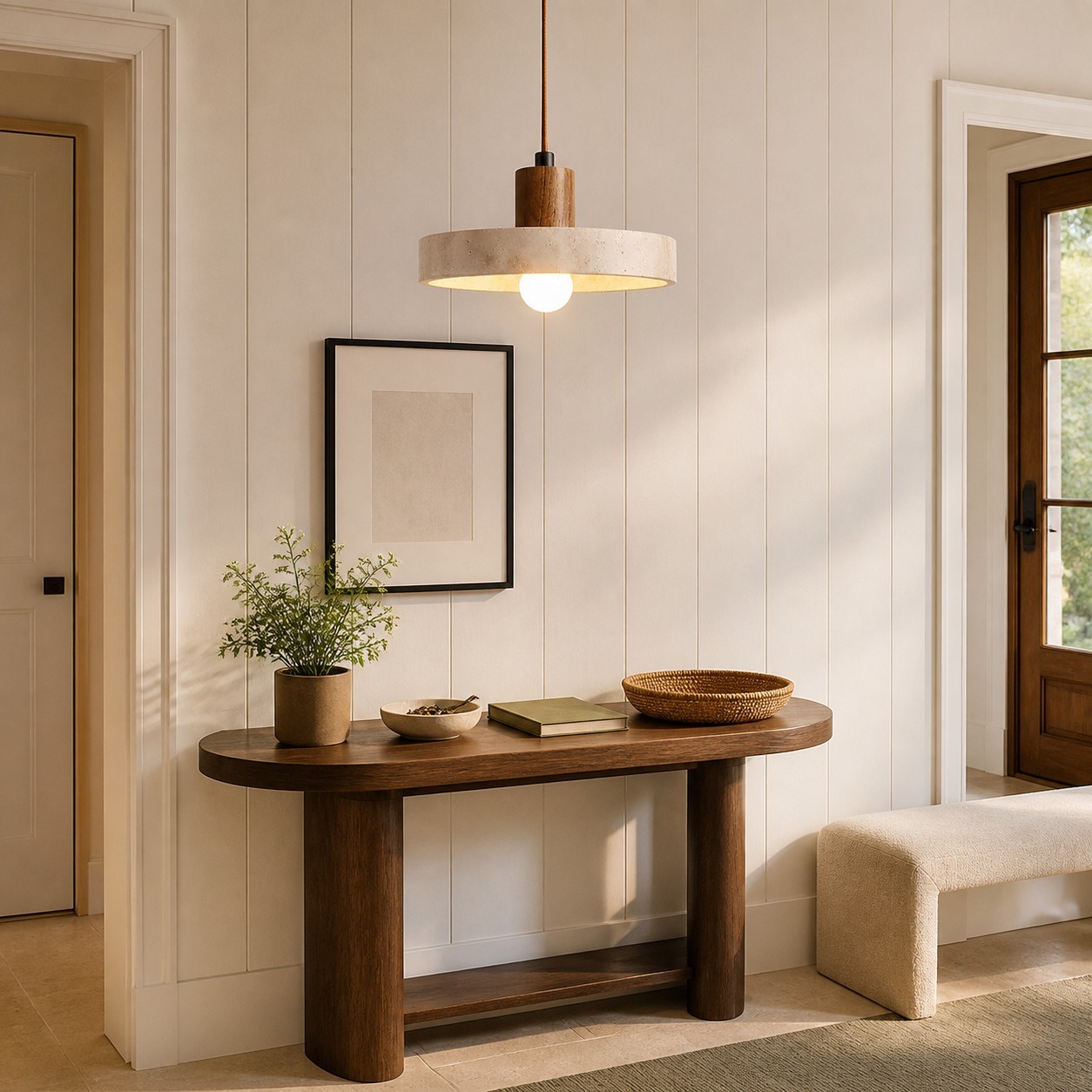 Harlow Wabi-Sabi Travertine & Wood Circular Pendant Light